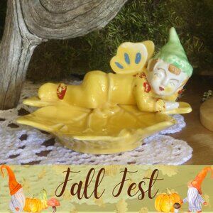 🍂 20% OFF - Vintage Pixie Elf Gnome in a Maple Leaf Figurine Trinket